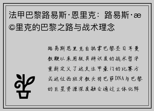 法甲巴黎路易斯·恩里克：路易斯·恩里克的巴黎之路与战术理念