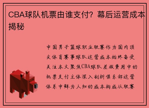 CBA球队机票由谁支付？幕后运营成本揭秘